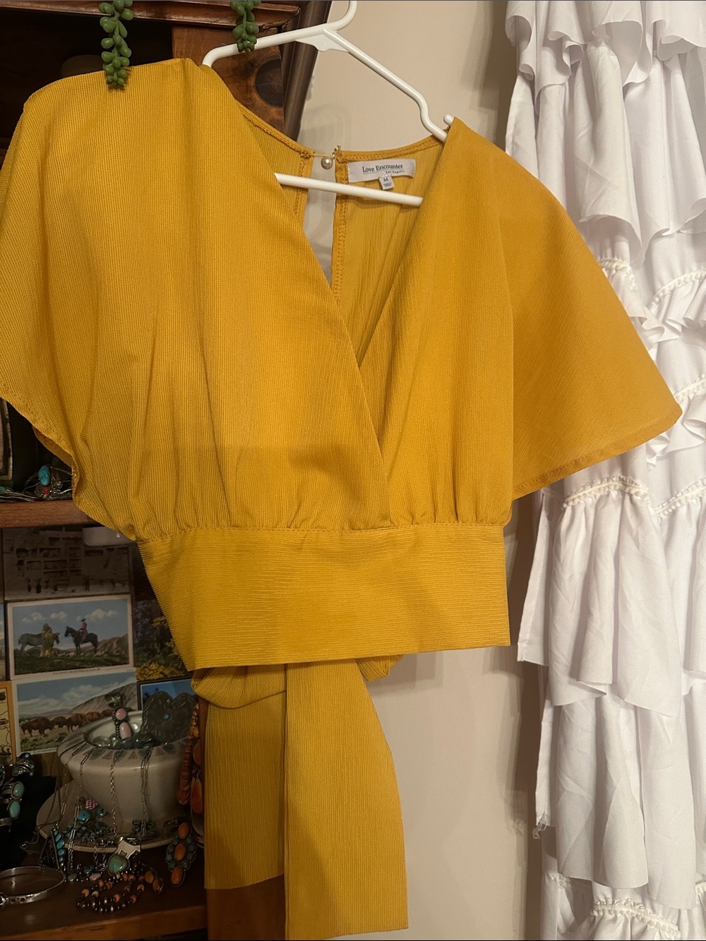 Love Tree Mustard Wrap-Front Crop Blouse with Flutter Sleeves